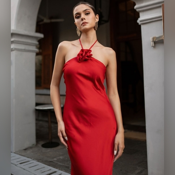 WAYF-NWOT The Adele Rosette Satin Gown in Red - Picture 3 of 9